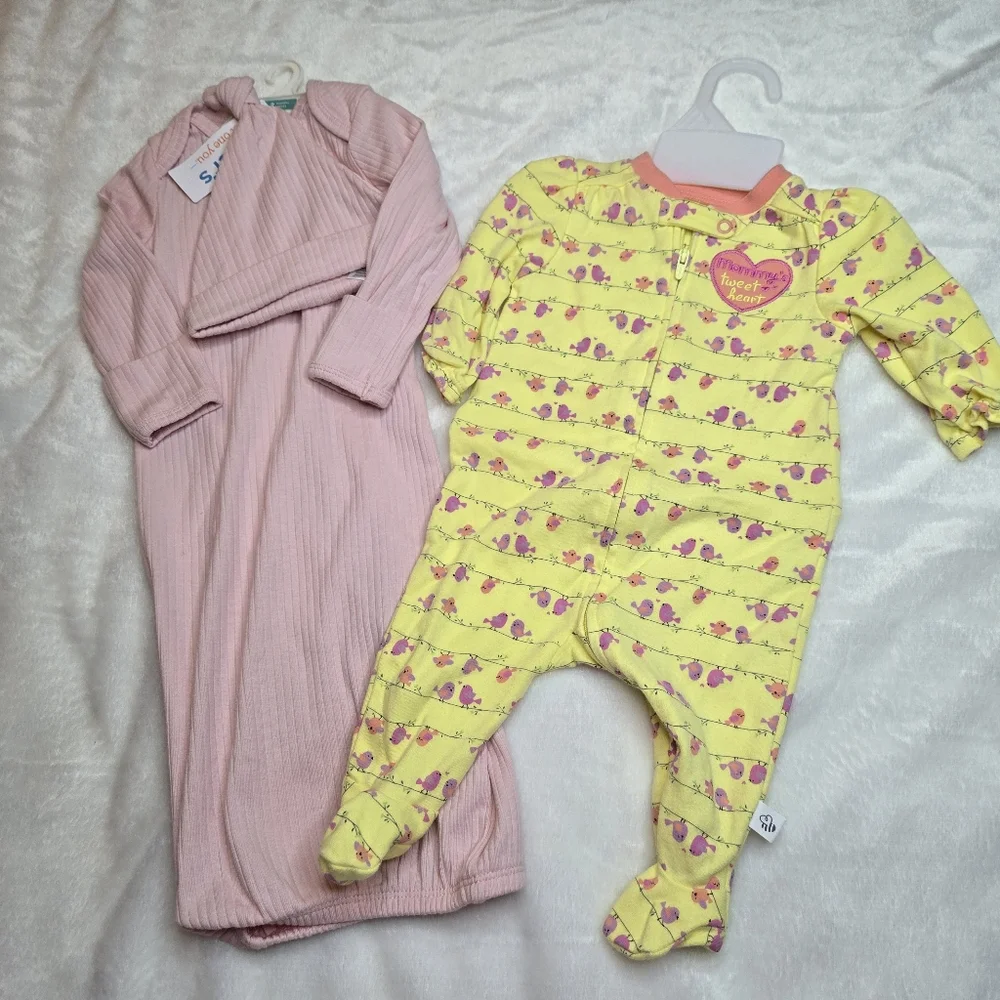 First Moments & Carters 2pc Gown Cap Pink and Yellow ‎ One Piece 100% Cotton New